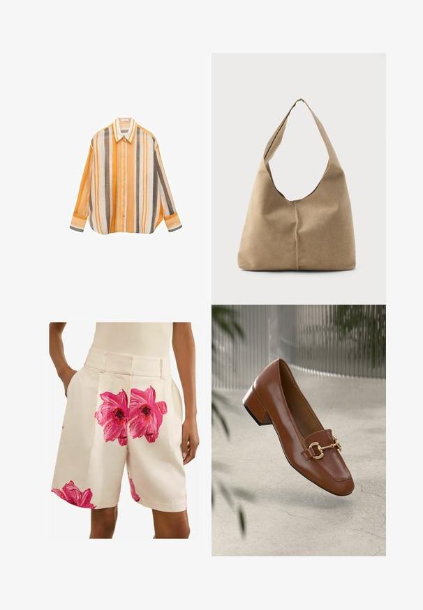 Camicia a righe nei toni di arancione, bianco e marrone. Vestibilità ampia con maniche lunghe, colletto a punta e chiusura con bottoni sul davanti.; Next PETITE - FLORAL TAILORED - Shorts - ecru pink; Mocassino in pelle verniciata marrone con punta quadrata, accentato da catena metallica e tacco basso; texture liscia, design minimalista.; Borsa hobo in morbido suede beige con una forma scomposta, ampia tracolla e un dettaglio di cucitura a mano lungo la parte anteriore.