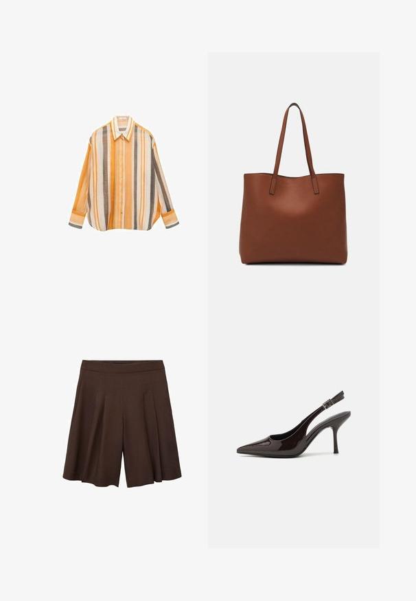 Raidallinen paita oranssin, valkoisen ja ruskean sävyissä. Rentoa muotoilua, pitkät hihat, terävä kaulus ja nappikiinnitys edessä.; Ruske pleated shortsit korkealla vyötäröllä. Kangas näyttää sileältä ja kevyeltä, ja siinä on syviä, siistejä laskoksia, jotka luovat virtaavan siluetin.; Korkokenkät tummanruskeasta kiiltävästä patenttinnahasta, teräväkärkiset, avoimet sivut ja säädettävä nilkkaremmi.; Ruskea nahkainen olkalaukku, jossa on sileä pinta, avoin yläosa ja kaksi olkahihnaa. Omaavat vain minimaalisen ompelun eikä näkyvää metalliosaa.