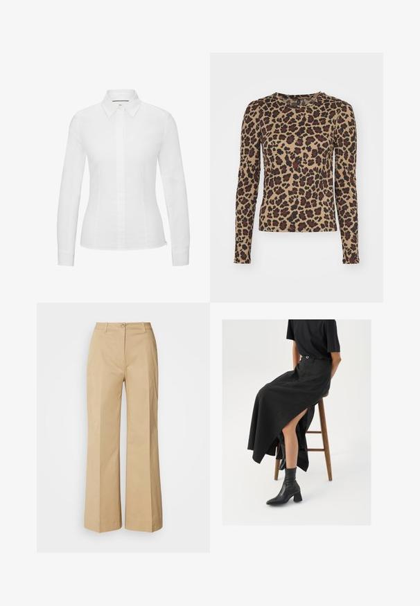 Chemise blanche à manches longues en coton lisse, dotée d'un col pointu classique, d'une fermeture à boutons sur le devant, et d'une coupe ajustée avec des fentes latérales.; Haut à manches longues beige avec un motif léopard comportant des taches brunes et noires. Encolure ronde et design ajusté. Texture de tissu douce.; Pantalon large beige en tissu mélangé coton. Doté d'une fermeture à bouton, de détails de couture à l'avant et d'un ourlet propre avec une légère texture.; Jupe maxi en lin noir avec une fente haute, portée avec un t-shirt noir et des bottes de cheville noires. Design minimaliste avec une coupe décontractée.