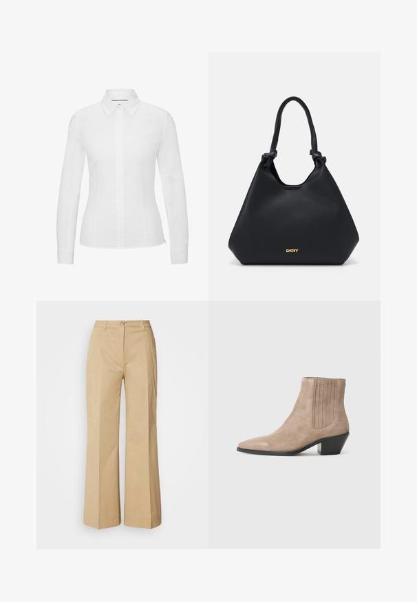 White long-sleeve shirt made from smooth cotton, featuring a classic pointed collar, front button closure, and tailored fit with side slits.; Beige wide-leg trousers made from cotton blend fabric. Features a button closure, front seam details, and a clean hem with slight texture.; Beige suede ankle boot with a pointed toe and molded heel, featuring vertical stitching accents on the sides.; Black leather tote bag with a textured finish, knotted handle accents, and gold logo detail at the base. Features a slouchy silhouette.
