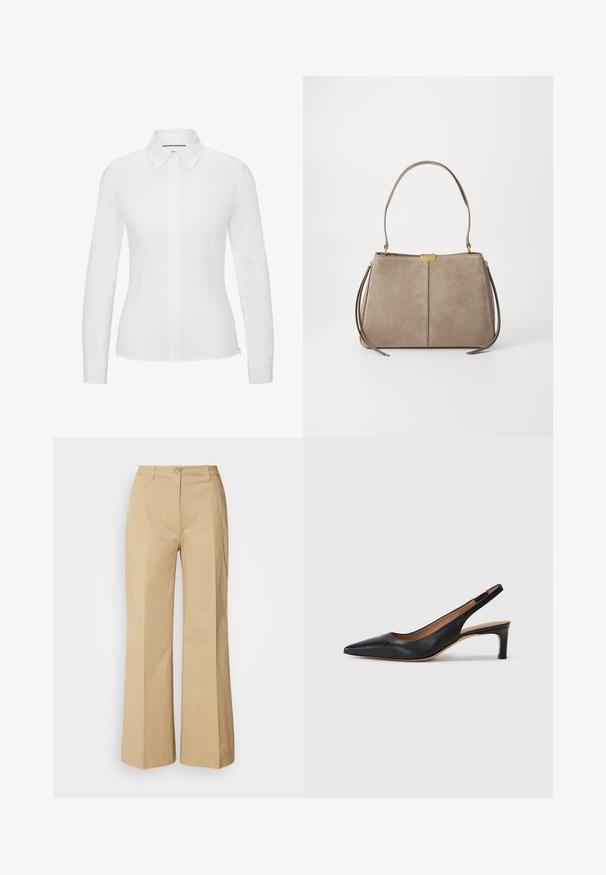 Witte langwerpige blouse gemaakt van zachte katoen, met een klassieke puntige kraag, frontale knoopsluiting en een getailleerde pasvorm met zijsplitten.; Beige wijde broek gemaakt van een katoenmix. Voorzien van een knoopsluiting, voornaad details en een schone zoom met een lichte textuur.; Zwarte leren slingback pump met een puntige neus, lage hak en een gladde textuur. Beschikt over een dunne verstelbare band voor een veilige pasvorm.; Tommy Hilfiger CASUAL SHOULDER BAG - Handtas - coastal taupe