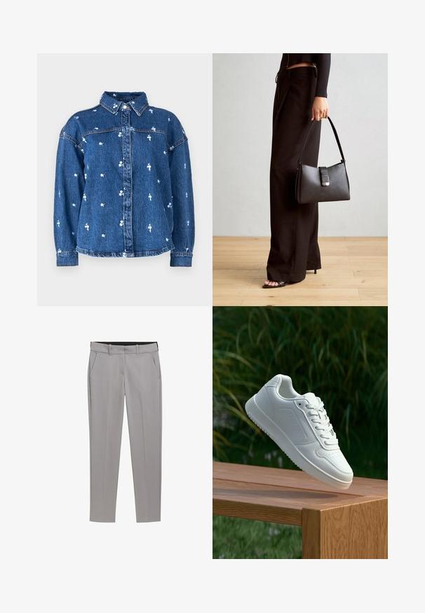 Denimjack met een kraag, lichtblauwe bloemenpatronen, vergulde knopen aan de voorkant en lange mouwen. De stof heeft een klassieke blauwe wassing.; TOM TAILOR MIA SLIM - Chino - explicit grey; Witte sneaker met een gladde synthetische bovenkant, geperforeerde neus, platte veters en een gestructureerde zool, tentoongesteld op een houten oppervlak.; Zwarte handtas met gestructureerde vorm, gladde textuur en een metalen sluiting. Gecombineerd met brede zwarte broeken en sandalen met open teen op een houten vloer.