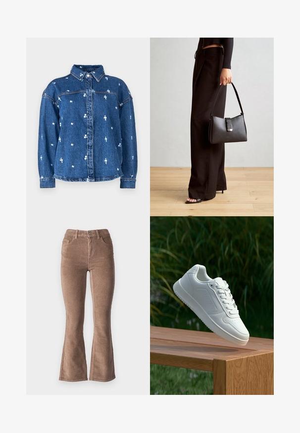 Denim jaka ar apkakles kaklu, gaiši zilas ziedu rakstā, ar pogām priekšā un garām piedurknēm. Audums ir ar klasisku zilu mazgāšanas apdari.; Brūni kordūrveida izspiedumi ar ribota tekstūru, ar augsto jostasvietu, piecām kabatām un priekšējo pogu aizdari.; Baltie sporta apavi ar gludu sintētisku augšpusi, perforētu pirkstu daļu, plakani šņorēm un rakstainu zoli, novietoti uz koka virsmas.; Melnā somiņa ar strukturētu formu, gludu tekstūru un metālu sprādzi. Saskaņota ar platām melnām biksēm un sandālēm ar atvērtu purngalu uz koka grīdas.