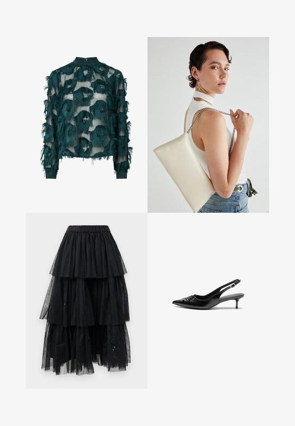 Tyrkysová průhledná blůza s texturovanými, třepenými kruhovými vzory, vysokým výstřihem a dlouhými rukávy se rovnými lemy. Zadní uzávěr s klíčovou dírou.; Vícevrstvá sukně z černého tylu s elastickým pasem a kaskádovým designem s různou délkou a jemnými třpytivými akcenty.; Černé kožené lodičky na slingback s špičatou špičkou, malým podpatkem typu kitten a ozdobným uzlem na přední straně. Hladký povrch po celém obvodu.; Bílá obdélníková psaníčko vyrobené z lesklého materiálu, se stříbrným řetízkovým popruhem. Modelka pózuje a předvádí tašku na jednobarevném pozadí.