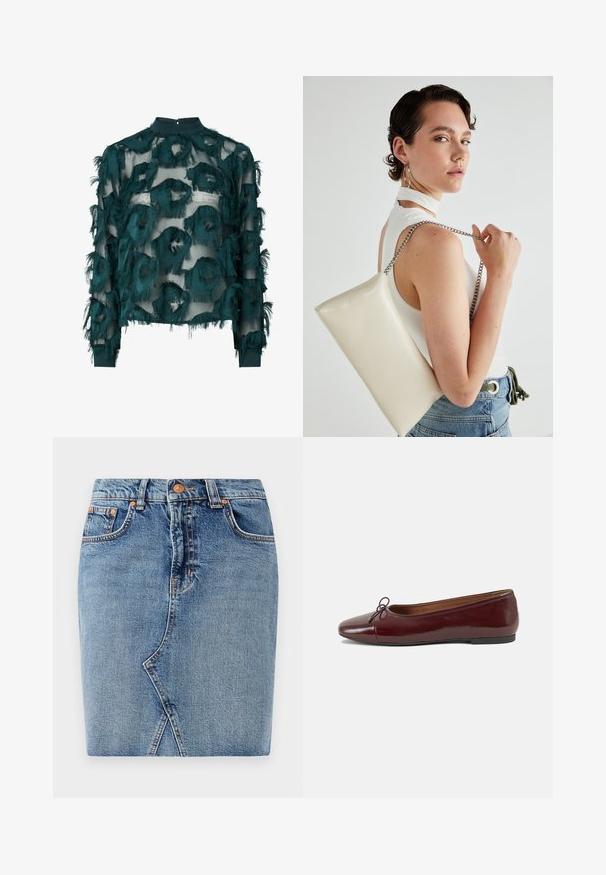 Blusa azul-teal translúcida com padrões circulares texturizados e desfiados, decote alto e mangas longas com bainha reta. Fecho em gota nas costas.; Saia de ganga em azul médio, com um design ajustado, bolsos frontais e um detalhe de costura diagonal. Cintura clássica com fecho de botão metálico.; Bailarinas em couro sintético borgonha com bico redondo, pequeno laço na frente e sola baixa em borracha preta. Textura suave.; Bolsa de mão retangular branca, feita de material brilhante, com uma alça em corrente prateada. Modelo posa, exibindo a bolsa contra um fundo simples.