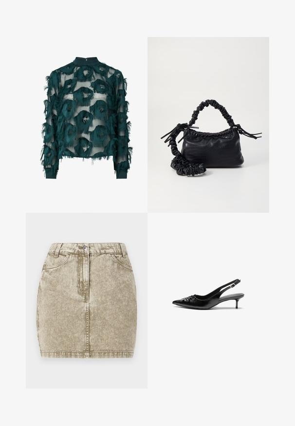 Teal gjennomsiktig bluse med teksturerte, flisede sirkulære mønstre, høy hals og lange ermer med rett avslutning. Bakre nøkkelhulls lukking.; Khaki denim miniskjørt med teksturert overflate, fem lommer, knappelukking foran og sydd detaljer langs kantene.; Sorte skinnert remsandaler med spiss tå, liten kittenhæl og en dekorativ knute detalj foran. Glatt tekstur gjennom hele.; Svart faux skinn-håndveske med krokodilletekstur, strammet topp og en rynket stropp. Ser myk og kompakt ut i designen.