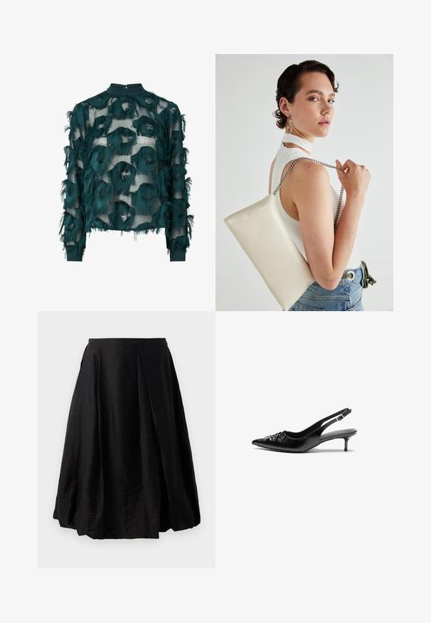 Teal sheer blouse featuring textured, frayed circular patterns, high neckline, and long sleeves with a straight hem. Back keyhole closure.; Black pleated skirt made of lightweight, textured fabric. A-line shape with a mid-calf length and side zipper closure. No visible patterns.; Black leather slingback heels with a pointed toe, small kitten heel, and a decorative knot detail on the front. Smooth texture throughout.; White rectangular clutch bag made of glossy material, featuring a silver chain strap. Model poses, showcasing the bag against a plain background.
