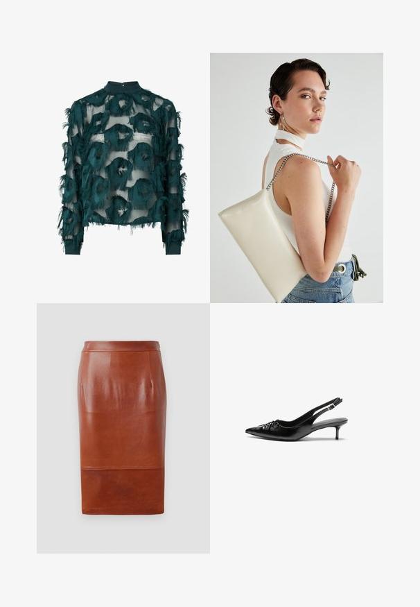 Mėlynos spalvos skaidri palaidinė su tekstūruotais, suplėšytais apvaliais raštais, aukštu kaklu ir ilgomis rankovėmis su tiesia apačia. Nugaros užsegimas su keyhole detalėmis.; Ruda odinė pieštuko sijonas su lygiu paviršiumi, kelio ilgio dizainu ir subtiliu blizgesiu. Yra prigludusi juosmens dalis ir šoninės kišenės.; Juodos odinės slingback aukštakulniai su smailiu nosiu, mažais katės kulnais ir dekoratyvine mazgo detale priekyje. Visas paviršius lygus.; Balta, stačiakampio formos rankinė pagaminta iš blizgaus medžiagos, su sidabriniu virvute. Modelis pozavo, demonstruodamas rankinę prieš paprastą foną.