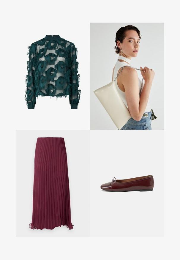 Teal läpinäkyvä paita, jossa on teksturoituja, repaleisia pyöreitä kuvioita, korkealla kaula-aukolla ja pitkillä hihoilla, joissa on suora helma. Takana nappikiinnitys.; Pitkän viininpunaisen laskostetun hameen valmistusmateriaalina on kevyt kangas, jossa on joustava vyötärö ja hieman rypyssä oleva helma. Hameessa on koko matkalta tuntuvat pystysuorat laskokset.; Burgundin värinen lakattu nahkainen ballerinatossu pyöreällä varvaskärjellä, pienen nauhan yksityiskohdalla edessä ja matalalla mustalla kumipohjalla. Sujuva pinta.; Valkoinen suorakulmainen clutch-laukku, joka on valmistettu kiiltävästä materiaalista ja jossa on hopeinen ketjuolkahihna. Malli poseeraa laukku käsivarsillaan yksinkertaista taustaa vasten.