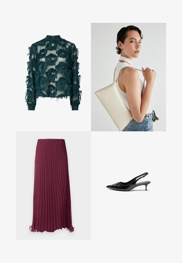 Blusa azul-teal translúcida com padrões circulares texturizados e desfiados, decote alto e mangas longas com bainha reta. Fecho em gota nas costas.; Saia plissada longa em borgonha, feita de tecido leve, com um cós elástico e uma bainha ligeiramente ondulada. Plissados verticais texturizados por todo o comprimento.; Sapatos de salto alto slingback em couro preto com bico fino, pequeno salto kitten e um detalhe decorativo em forma de nó na parte da frente. Textura suave em toda a parte.; Bolsa de mão retangular branca, feita de material brilhante, com uma alça em corrente prateada. Modelo posa, exibindo a bolsa contra um fundo simples.