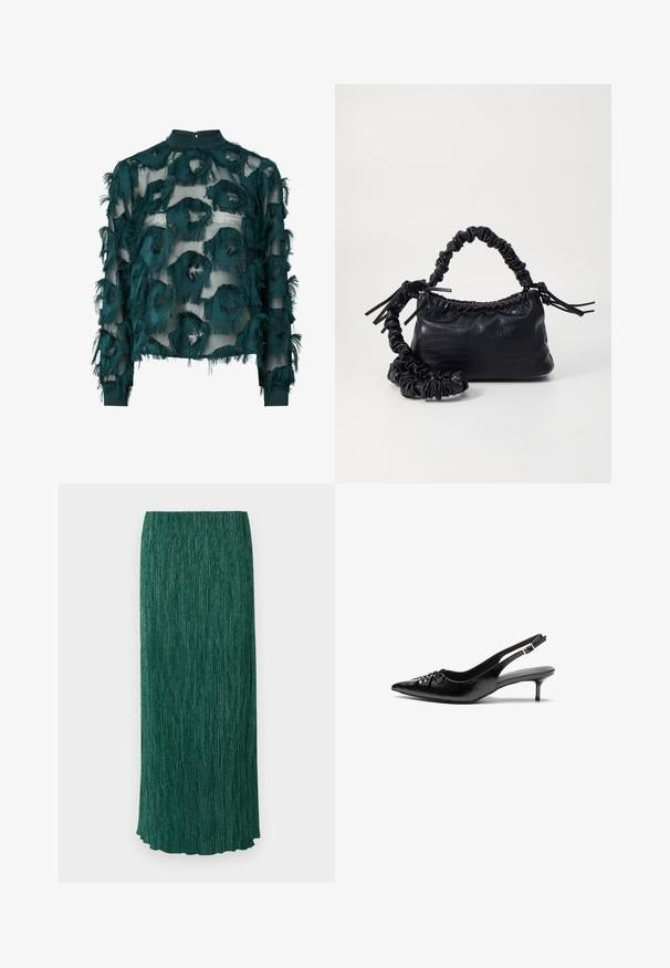 Türkise durchsichtige Bluse mit strukturierten, ausgefransten kreisförmigen Mustern, hohem Halsausschnitt und langen Ärmeln mit geradem Saum. Mit Schlüsselaugenverschluss im Rücken.; Langer grüner Rock mit strukturierter Oberfläche, vertikalen Falten und einem dezenten Glanz. Er hat eine gerade Silhouette und einen gewellten Saum.; Schwarze Leder-Slingback-Absätze mit einer spitzen Zehenform, kleinen Kitten-Absätzen und einem dekorativen Knoten-Detail auf der Vorderseite. Glatte Textur über die gesamte Fläche.; Schwarze Handtasche aus Kunstleder mit Krokodilstruktur, gerafftem oberen Teil und einem geschoppten Tragegurt. Sie wirkt weich und kompakt im Design.