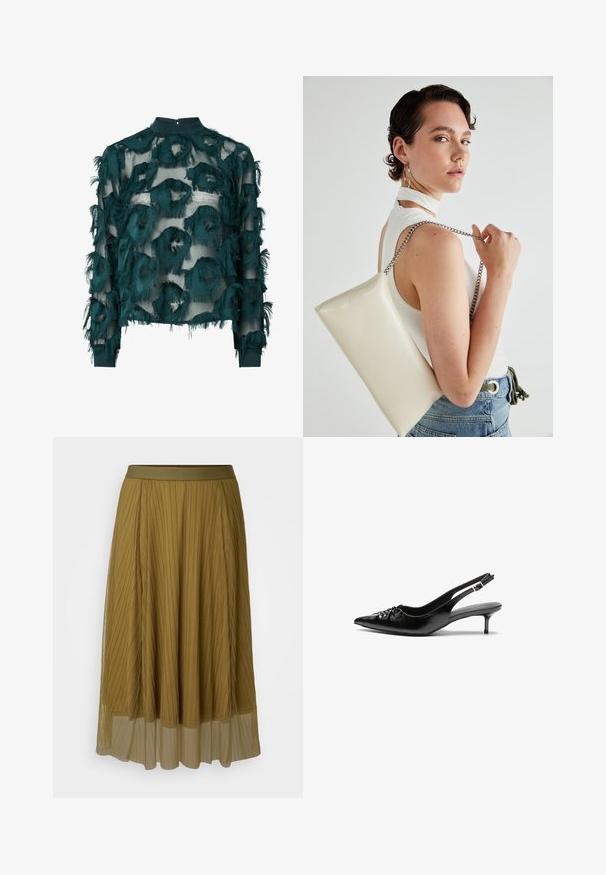 Teal läpinäkyvä paita, jossa on teksturoituja, repaleisia pyöreitä kuvioita, korkealla kaula-aukolla ja pitkillä hihoilla, joissa on suora helma. Takana nappikiinnitys.; Hame pleated oliivivihreänä, jossa on kiinteä vyötärö ja läpinäkyvä alakerros. Ominaisuuksia ovat pystysuorat laskokset koko pituudelta.; Mustat nahkaiset slingback-korkokengät, joissa on terävä kärki, pieni kitten-korko ja koristeellinen solki edessä. Yksinkertainen pinta kauttaaltaan.; Valkoinen suorakulmainen clutch-laukku, joka on valmistettu kiiltävästä materiaalista ja jossa on hopeinen ketjuolkahihna. Malli poseeraa laukku käsivarsillaan yksinkertaista taustaa vasten.