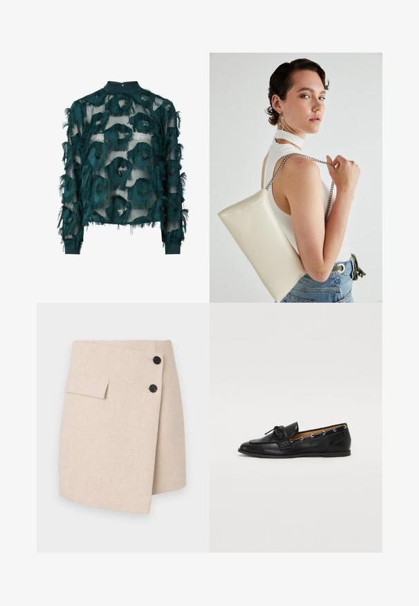 Bluză transparentă teal cu modele circulare texturate și destrămate, guler înalt și mâneci lungi cu tiv drept. Închidere la spate cu cheiță.; Fustă înfășurată bej dintr-o țesătură texturată, având o buzunar pe lateral, două butoane negre și un tiv ușor curbat.; Mocasini din piele neagră cu fundiță legată, având accente aurii sub formă de ochiuri pe laterale și o talpă plată din cauciuc. Textură netedă, design clasic.; Geantă de clutch rectangulară albă, realizată dintr-un material lucios, având o curea de lanț argintie. Modelul pozează, evidențiind geanta pe un fundal simplu.