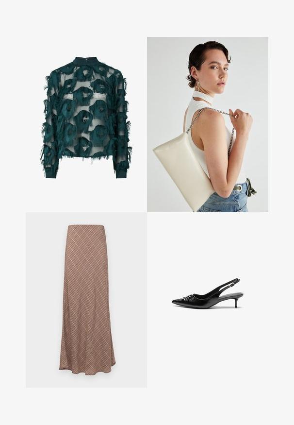 Blouse en tulle teal avec des motifs circulaires texturés et effilochés, col haut et manches longues avec un ourlet droit. Fermeture au niveau de la nuque par un trou clé.; Jupe longue évasée avec un motif géométrique marron, présentant une texture lisse et une taille élastique pour plus de confort.; Des escarpins en cuir noir à talon slingback, avec un bout pointu, un petit talon kitten et un détail de nœud décoratif à l'avant. Texture lisse sur toute la surface.; Pochette rectangulaire blanche en matériau brillant, avec une bandoulière en chaîne argentée. Le modèle pose en mettant en valeur le sac contre un fond uni.