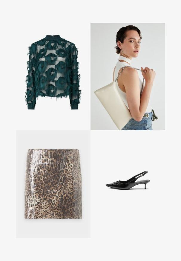 Zöldes-kék áttetsző blúz texturált, bolyhos körívekkel, magas nyakkivágással és hosszú ujjal, egyenes alsó résszel. Hátul gombos záródással.; Leopárd mintás mini szoknya texturált anyagból, ezüst paillettes díszítik az állati mintát, és testhezálló sziluettet biztosít.; Fekete bőrből készült slingback magassarkú cipők hegyes orral, kis francia sarokkal és díszes csomóval az elején. Az egész felületen sima textúra.; Fehér, téglalap alakú, fényes anyagból készült clutch táska, ezüst láncos pánttal. A modell pózol, bemutatva a táskát egy egyszínű háttér előtt.