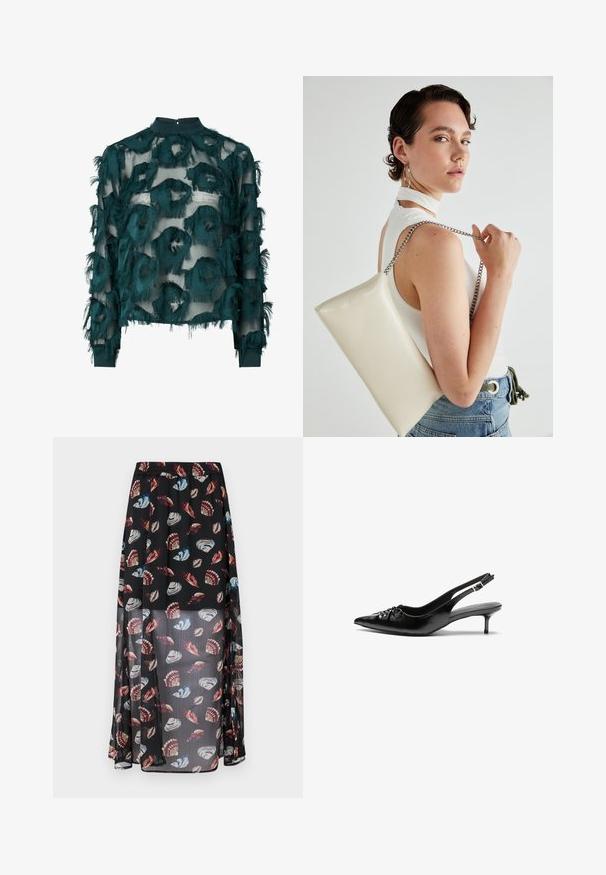 Turkusowa, przezroczysta bluzka z teksturowanymi, postrzępionymi okrągłymi wzorami, z wysokim dekoltem i długimi rękawami z prostym wykończeniem. Zamek na plecach w kształcie łezki.; Czarna, przezroczysta spódnica maxi z elastycznym paskiem w talii, ozdobiona wielokolorowym nadrukiem muszelek i motyli. Lekka, zwiewna tkanina.; Czarne skórzane szpilki na ramiączku z ostrym noskiem, małym słupkiem i ozdobnym węzłem z przodu. Gładka faktura na całej powierzchni.; Biała prostokątna kopertówka wykonana z błyszczącego materiału, z srebrnym łańcuszkiem. Modelka pozuje, prezentując torebkę na jednolitym tle.