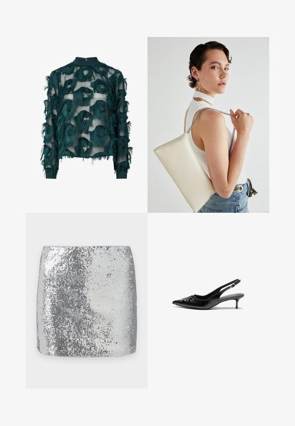 Blouse en tulle teal avec des motifs circulaires texturés et effilochés, col haut et manches longues avec un ourlet droit. Fermeture au niveau de la nuque par un trou clé.; Mini jupe en sequins argentés avec un design ajusté et une texture lisse, réfléchissant la lumière à sa surface pour un aspect brillant.; Des escarpins en cuir noir à talon slingback, avec un bout pointu, un petit talon kitten et un détail de nœud décoratif à l'avant. Texture lisse sur toute la surface.; Pochette rectangulaire blanche en matériau brillant, avec une bandoulière en chaîne argentée. Le modèle pose en mettant en valeur le sac contre un fond uni.