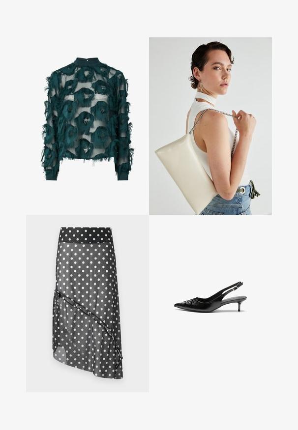 Zöldes-kék áttetsző blúz texturált, bolyhos körívekkel, magas nyakkivágással és hosszú ujjal, egyenes alsó résszel. Hátul gombos záródással.; Fekete pöttyös szoknya átlátszó betéttel, széles derékrésszel és réteges, aszimmetrikus kialakítással. Sima tapintású és könnyű anyag.; Fekete bőrből készült slingback magassarkú cipők hegyes orral, kis francia sarokkal és díszes csomóval az elején. Az egész felületen sima textúra.; Fehér, téglalap alakú, fényes anyagból készült clutch táska, ezüst láncos pánttal. A modell pózol, bemutatva a táskát egy egyszínű háttér előtt.