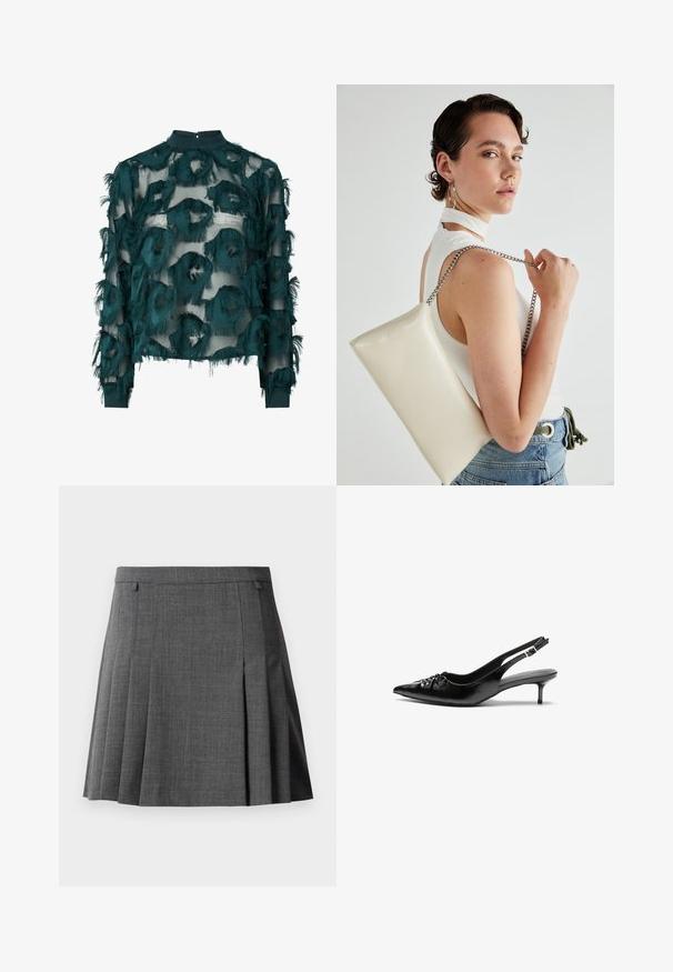 Blusa azul-teal translúcida com padrões circulares texturizados e desfiados, decote alto e mangas longas com bainha reta. Fecho em gota nas costas.; Saia plissada cinza com uma cintura ajustada, feita de um tecido liso de peso médio.; Sapatos de salto alto slingback em couro preto com bico fino, pequeno salto kitten e um detalhe decorativo em forma de nó na parte da frente. Textura suave em toda a parte.; Bolsa de mão retangular branca, feita de material brilhante, com uma alça em corrente prateada. Modelo posa, exibindo a bolsa contra um fundo simples.