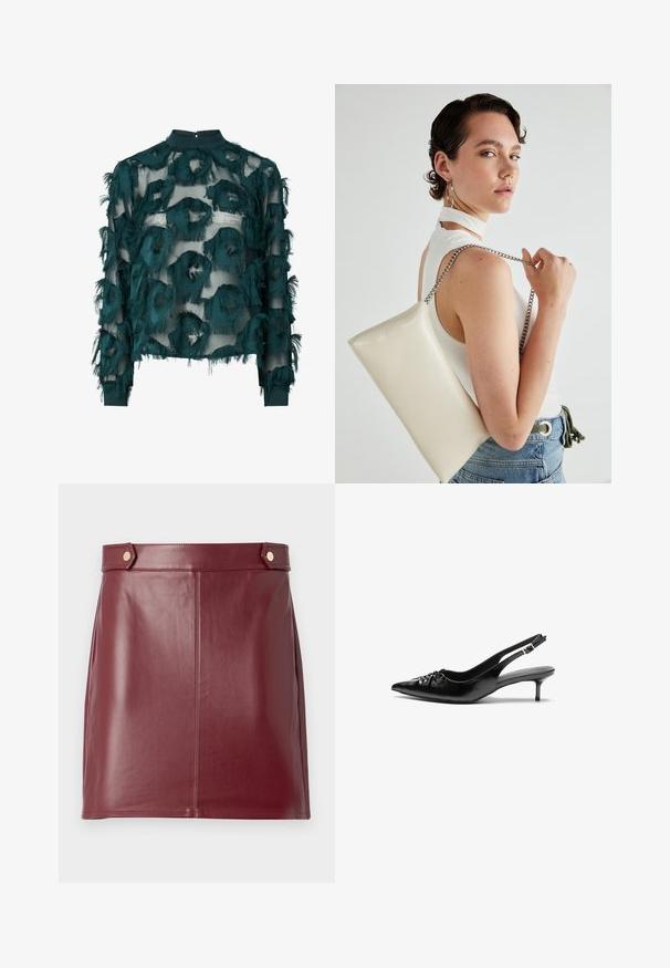 Teal gennemsigtig bluse med teksturerede, frynset cirkulære mønstre, høj halsudskæring og lange ærmer med lige kant. Bageste nøglehulslukning.; Burgundy læder mini nederdel med en glat tekstur, der har et tætsiddende design, sidepaneler og to guldtonede knapper i taljen.; Sorte læderslippers med spidse tæer, lille kitten hæl og en dekorativ knude detalje foran. Glat tekstur hele vejen rundt.; Hvid rektangulær clutch-taske lavet af skinnende materiale, med en sølv kædetransport. Modellen poser, mens hun fremviser tasken mod en ensfarvet baggrund.