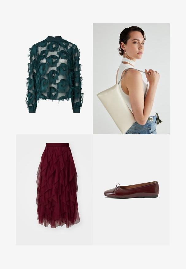 Tyrkysová priesvitná blúzka s textúrovanými, roztrhnutými kruhovými vzormi, vysokým výstrihom a dlhými rukávmi s rovnomerným lemom. Zapínanie na kľúčovú dierku na chrbte.; Burgundská tylová sukňa s viacerými vrstvenými volánmi, širokým pásom a splývavým strihom. Ľahká textúrovaná látka zvyšuje pohyb.; Burgundské lakované balerínky s okrúhlou špičkou, malou mašľou na prednej strane a nízkou čiernou gumovou podrážkou. Hladký povrch.; Biely obdĺžnikový kabelka z lesklého materiálu s strieborným reťazovým popruhom. Model predvádza kabelku na jednotnom pozadí.