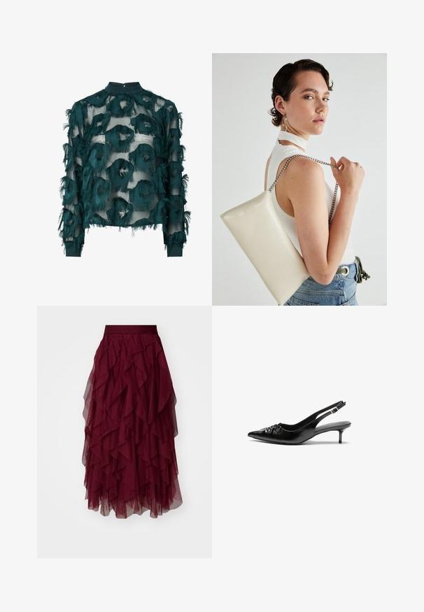 Blouse en tulle teal avec des motifs circulaires texturés et effilochés, col haut et manches longues avec un ourlet droit. Fermeture au niveau de la nuque par un trou clé.; Jupe en tulle bourgogne avec plusieurs volants superposés, une taille large et une silhouette fluide. Son tissu léger et texturé accentue le mouvement.; Des escarpins en cuir noir à talon slingback, avec un bout pointu, un petit talon kitten et un détail de nœud décoratif à l'avant. Texture lisse sur toute la surface.; Pochette rectangulaire blanche en matériau brillant, avec une bandoulière en chaîne argentée. Le modèle pose en mettant en valeur le sac contre un fond uni.