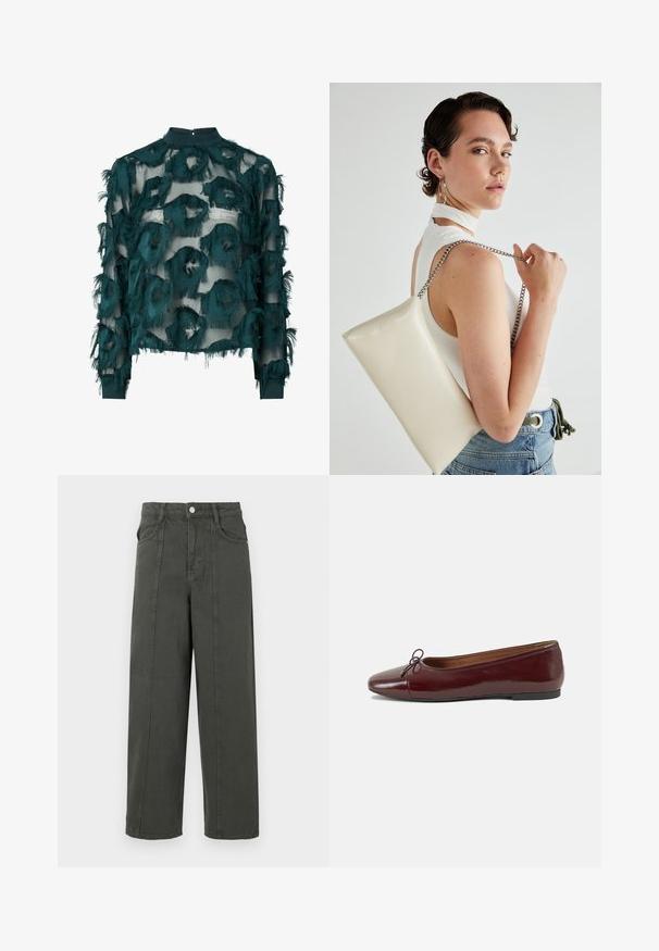 Teal sheer blouse featuring textured, frayed circular patterns, high neckline, and long sleeves with a straight hem. Back keyhole closure.; Dark gray high-waisted wide-leg pants with front button and zipper closure, front pockets, belt loops, and visible vertical seam details.; Burgundy patent leather ballet flat with a rounded toe, small bow accent at the front, and a low, black rubber sole. Smooth texture.; White rectangular clutch bag made of glossy material, featuring a silver chain strap. Model poses, showcasing the bag against a plain background.