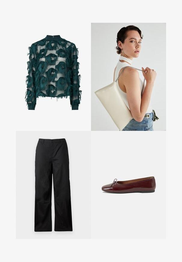 Blusa azul-teal translúcida com padrões circulares texturizados e desfiados, decote alto e mangas longas com bainha reta. Fecho em gota nas costas.; Calças pretas de perna larga feitas de um tecido suave. Apresentam um fecho de botão e passantes para cinto. Sem padrões ou acentos visíveis.; Bailarinas em couro sintético borgonha com bico redondo, pequeno laço na frente e sola baixa em borracha preta. Textura suave.; Bolsa de mão retangular branca, feita de material brilhante, com uma alça em corrente prateada. Modelo posa, exibindo a bolsa contra um fundo simples.