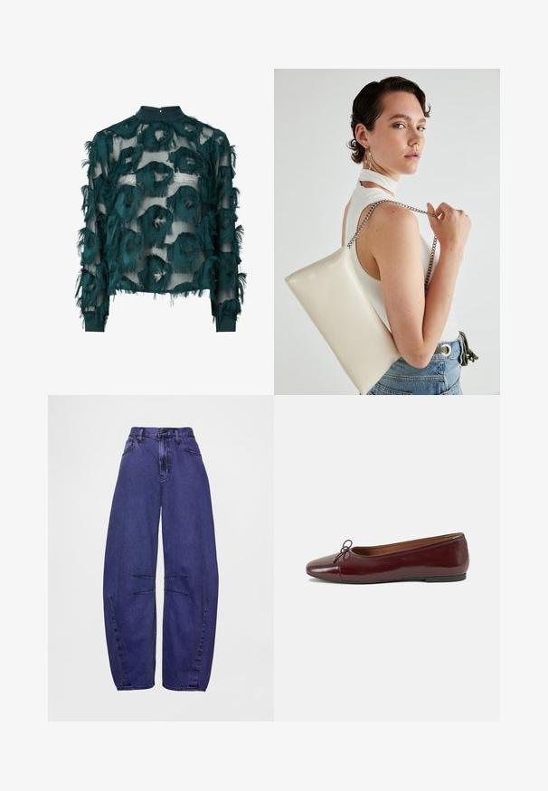 Zöldes-kék áttetsző blúz texturált, bolyhos körívekkel, magas nyakkivágással és hosszú ujjal, egyenes alsó résszel. Hátul gombos záródással.; Lila széles szárú farmernadrág, magas derékkal, első zsebekkel és két vízszintes varrással a nadrágszárakon.; Burgundi lakkbőr balettcipő kerek orral, elöl kis masni díszítéssel és alacsony, fekete gumi talppal. Simára csiszolt felület.; Fehér, téglalap alakú, fényes anyagból készült clutch táska, ezüst láncos pánttal. A modell pózol, bemutatva a táskát egy egyszínű háttér előtt.