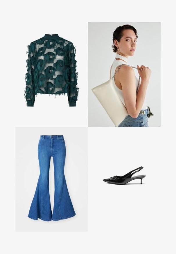 Teal läpinäkyvä paita, jossa on teksturoituja, repaleisia pyöreitä kuvioita, korkealla kaula-aukolla ja pitkillä hihoilla, joissa on suora helma. Takana nappikiinnitys.; Farkut, joissa on leveät lahkeet, keskipitkä sininen pesu ja korkealla vyötäröllä. Ominaisuuksiin kuuluvat näkyvät saumat ja nappikiinnitys vyötäröllä.; Mustat nahkaiset slingback-korkokengät, joissa on terävä kärki, pieni kitten-korko ja koristeellinen solki edessä. Yksinkertainen pinta kauttaaltaan.; Valkoinen suorakulmainen clutch-laukku, joka on valmistettu kiiltävästä materiaalista ja jossa on hopeinen ketjuolkahihna. Malli poseeraa laukku käsivarsillaan yksinkertaista taustaa vasten.