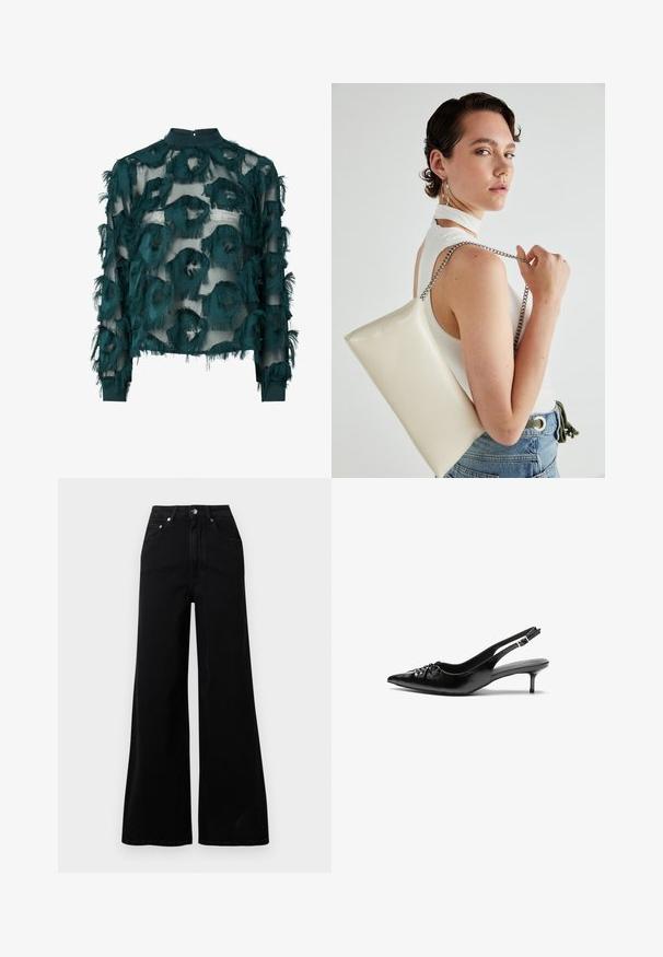 Mėlynos spalvos skaidri palaidinė su tekstūruotais, suplėšytais apvaliais raštais, aukštu kaklu ir ilgomis rankovėmis su tiesia apačia. Nugaros užsegimas su keyhole detalėmis.; Juodi pločio kojų džinsai iš džinso audinio, turintys aukštą liemenį, penkias kišenes, priekinį sagos užsegimą ir minimalius siuvimo detales.; Juodos odinės slingback aukštakulniai su smailiu nosiu, mažais katės kulnais ir dekoratyvine mazgo detale priekyje. Visas paviršius lygus.; Balta, stačiakampio formos rankinė pagaminta iš blizgaus medžiagos, su sidabriniu virvute. Modelis pozavo, demonstruodamas rankinę prieš paprastą foną.