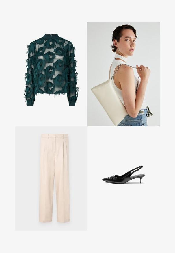 Blusa de tul azul verdoso con patrones circulares texturizados y deshilachados, escote alto y mangas largas con dobladillo recto. Cierre en la parte posterior con forma de ojal.; Pantalones beige con pliegues, hechos de una tela suave. Tienen una cinturilla con pasadores para cinturón y un diseño de pierna recta, sin bolsillos visibles.; Tacones slingback de cuero negro con punta afilada, pequeño tacón kitten y un detalle de nudo decorativo en la parte frontal. Textura suave en toda la superficie.; Bolso de mano rectangular blanco, hecho de un material brillante, con una cadena plateada. La modelo posa, mostrando el bolso frente a un fondo liso.