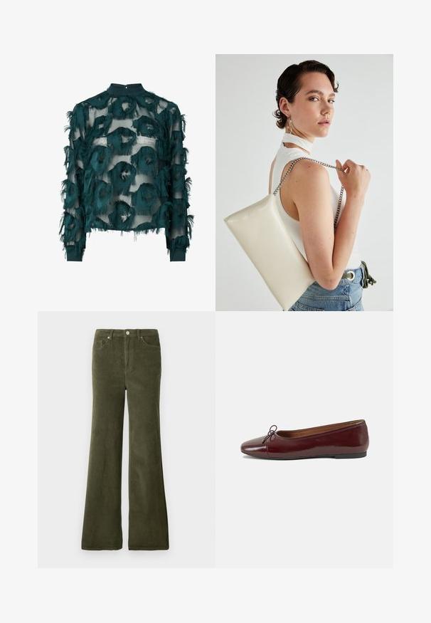 Blusa trasparente in teal con motivi circolari testurizzati e sfrangiati, scollatura alta e maniche lunghe con orlo dritto. Chiusura a chiave sul retro.; Pantaloni a zampa d'elefante in corduroy verde oliva, con una texture liscia, tasche frontali e chiusura con bottone metallico in vita.; Ballerine in pelle verniciata bordeaux con punta arrotondata, piccolo fiocco decorativo sulla parte anteriore e suola bassa in gomma nera. Texture liscia.; Borsa a pochette rettangolare bianca realizzata in materiale lucido, con una tracolla in catena argentata. Il modello posa, mostrando la borsa su uno sfondo semplice.