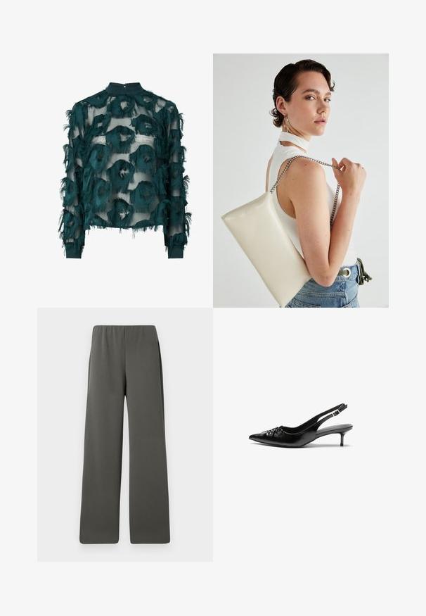 Mėlynos spalvos skaidri palaidinė su tekstūruotais, suplėšytais apvaliais raštais, aukštu kaklu ir ilgomis rankovėmis su tiesia apačia. Nugaros užsegimas su keyhole detalėmis.; Tamsiai pilki aukšto liemens plačių kojų kelnių su elastiniu juosmeniu, patalpinti ant balto fono.; Juodos odinės slingback aukštakulniai su smailiu nosiu, mažais katės kulnais ir dekoratyvine mazgo detale priekyje. Visas paviršius lygus.; Balta, stačiakampio formos rankinė pagaminta iš blizgaus medžiagos, su sidabriniu virvute. Modelis pozavo, demonstruodamas rankinę prieš paprastą foną.