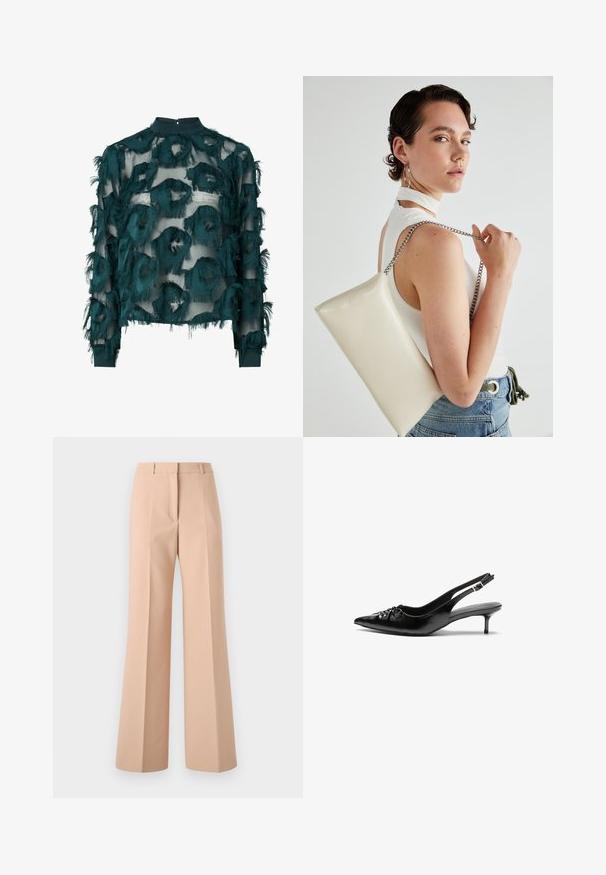 Zöldes-kék áttetsző blúz texturált, bolyhos körívekkel, magas nyakkivágással és hosszú ujjal, egyenes alsó résszel. Hátul gombos záródással.; Beige, magas derekú, széles lábú nadrág. Simább anyagból készült, elülső ráncokkal és letisztult derekkal.; Fekete bőrből készült slingback magassarkú cipők hegyes orral, kis francia sarokkal és díszes csomóval az elején. Az egész felületen sima textúra.; Fehér, téglalap alakú, fényes anyagból készült clutch táska, ezüst láncos pánttal. A modell pózol, bemutatva a táskát egy egyszínű háttér előtt.