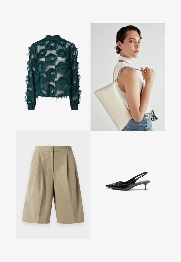 Turkizna prosojna bluzica s teksturiranim, izfrcanim okruglim uzorcima, visokim ovratnikom i dugim rukavima s ravnim rubom. Zatvaranje na ključanici na leđima.; Beženi krojeni šorti s nabornim dizajnom, izdelani iz lahkotnega materiala. Imajo pas in globoke sprednje žepe.; Črne usnjene slingback pete z izostrenim nosom, majhno mačje peto in okrasno vozličasto podrobnostjo na sprednjem delu. Gladka tekstura po celotni površini.; Bela pravokotna torbica za ključe iz sijajnega materiala, opremljena s srebrno verižico. Model pozira in prikazuje torbico na enobarvni podlagi.