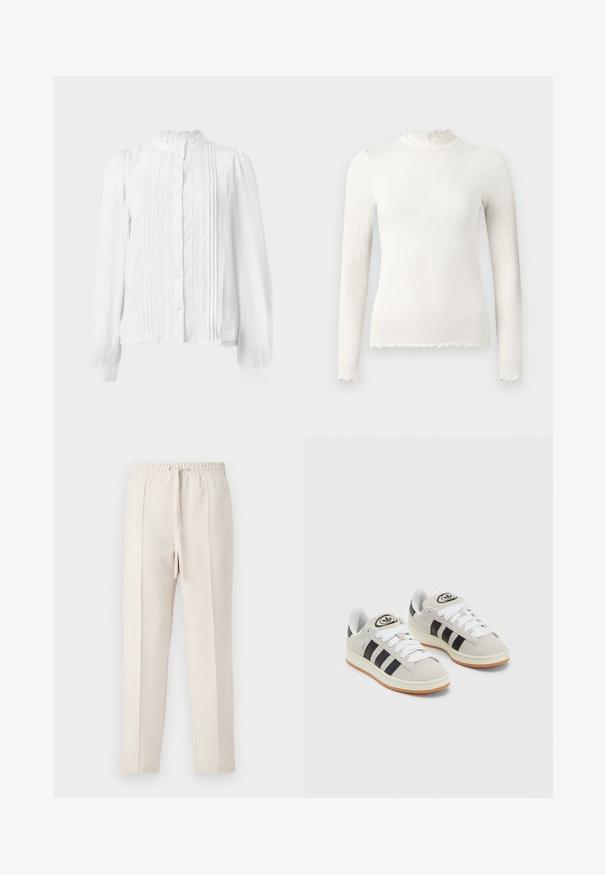 Biała bluzka z wysokim kołnierzem, zapięciem na guziki, plisami z przodu i koronkowym wykończeniem rękawów. Wykonana z lekkiego materiału.; Biała, długosleeowa bluzka z prążkowanego materiału, z golfem i falbaniastym dekoltem oraz postrzępionymi detalami u dołu. Gładka faktura, dopasowany krój.; Beżowe spodnie dresowe z elastycznym pasem i sznurkiem, charakteryzujące się gładką fakturą oraz dwoma zaszewkami z przodu, dla uzyskania dopasowanego wyglądu.; Szare zamszowe trampki z białymi sznurówkami, czarnymi paskami i białą gumową podeszwą. Posiadają okrągłe logo na języku oraz gumową podeszwę.