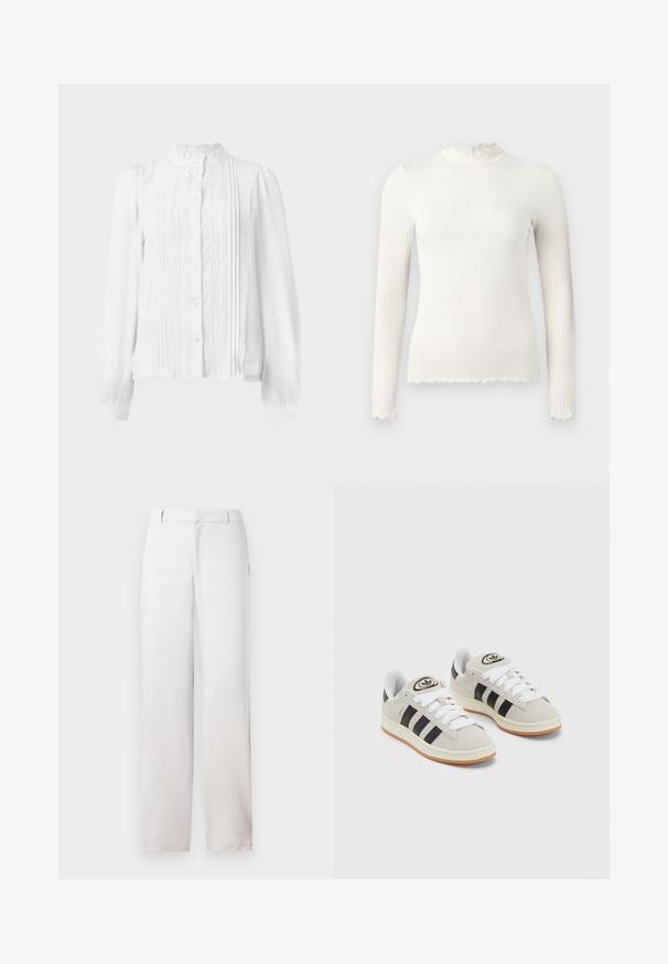Bluză albă cu guler înalt, închidere cu nasturi, pliuri pe față și dantelă la manșete. Fabricată dintr-un material ușor.; Bluză cu mânecă lungă, albă, cu guler înalt, din material cu dungi, având detalii cu volănașe la guler și tiv rupt. Textură netedă, design ajustat.; Pantaloni albi cu croi drept, confecționați dintr-un material neted. Dispun de buzunare laterale și un design simplu al taliei. Aspect minimalist și neutru.; Adidași din suede gri cu șireți albi, dungi negre și talpă din cauciuc alb. Prezintă un logo circular pe limbă și o talpă din cauciuc.
