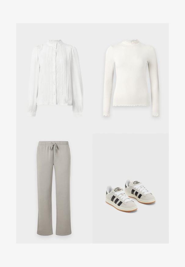 Balta blūze ar augstu apkakli, pogu aizdari, pleciem uz priekšu un mežģīņu apdari uz piedurknēm. Izgatavota no viegla auduma.; Garais piedurkņu balts ribota tērpa kakla augšdaļa ar volānu apkakli un nodilušām maliņām. Gluda tekstūra, cieši pieguļošs dizains.; Gai pelēki sporta bikses, izgatavotas no mīksta kokvilnas maisījuma, ar elastīgu jostu un regulējamu auklu, kā arī taisnas kājas.; Pelēkas zamšādas kedas ar baltām saites, melnām svītrām un baltu gumijas zoli. Raksturīga apļa logo uz mēles un gumijas zole.