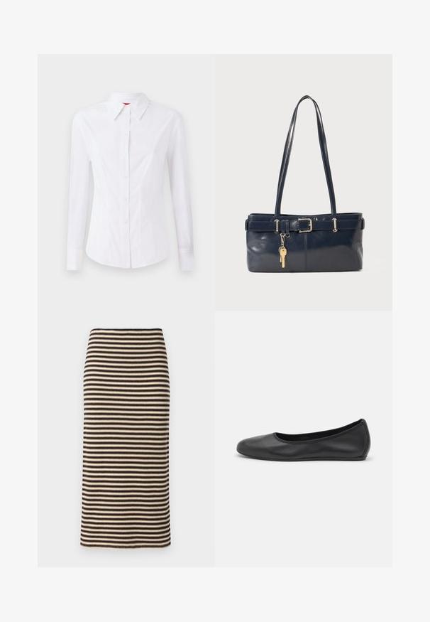 Balta ilga rankovė marškiniai su smailiu apykakle, priekyje su mygtukų uždarymu ir prigludusiu dizainu. Lygus medvilnės audinys su subtiliais siuvimo detalėmis.; Megzta pieštuko sijonas su horizontaliosiomis juodomis ir kreminėmis raštinėmis, pasižymintis prigludusia siluetu ir lygiu paviršiumi. Apvadas tiesus ir tvarkingas.; Juodai odiniai baletai su apvaliu pirštu, lygi texture, minimalus siuvimo detales ir lanksčiu padų dizainu.; Jūrinės odos rankinė su dviem ilgais rankenomis, sagties detalė ir pridėtas raktų pakabukas. Turi lygią tekstūrą ir stačiakampio formą.