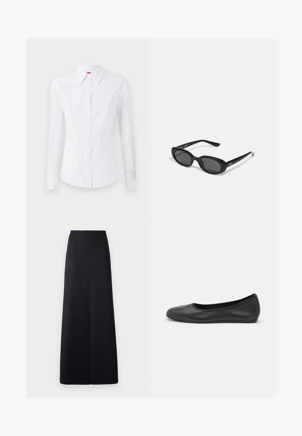 Cămașă albă cu mâneci lungi, guler ascuțit, închidere cu nasturi pe față și design ajustat. Material din bumbac neted cu detalii de cusătură subtile.; Fustă neagră, lungime până la podea, fabricată dintr-un material neted. Dispune de un tiv ajustat și un design minimalist, fără modele sau accente vizibile.; Balerini din piele neagră, cu vârf rotund, textură netedă, detalii de cusătură minimale și un design al tălpii flexibil.; Ochelari de soare negri, cu lentile ovale, cadru din plastic lucios și brațe subțiri. Prezentă logo-ul Ray-Ban în alb pe lateral.