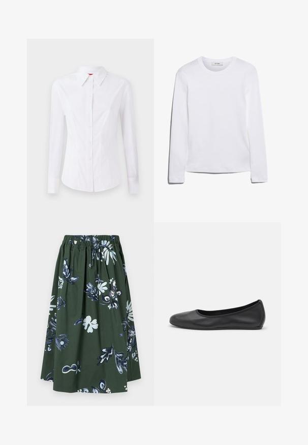 Biela dlhá košeľa s dlhými rukávmi, špicatým golierom, predným zapínaním na gombíky a priliehavým strihom. Hladká bavlnená tkanina s jemnými švovými detailmi.; Dlhý rukáv biely tričko vyrobené z rebrovanej bavlny, s okrúhlym výstrihom a rovnými okrajmi. Jednoduchý dizajn bez vzorov alebo akcentov.; Zelená kvetinová midi sukňa vyrobená z bavlny, s gathered pásom, modro-bielymi kvetinovými vzormi a voľným dizajnom.; Čierne kožené baleríny s okrúhlou špičkou, hladkým povrchom, minimálnym prešívaním a flexibilným dizajnom podrážky.