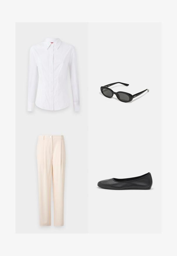 Chemise blanche à manches longues avec col pointu, fermeture à boutons à l'avant et design ajusté. Tissu en coton lisse avec des détails de couture subtils.; Un pantalon beige clair au design ajusté, comportant un fermoir à l'avant, un tissu lisse, une coupe droite et sans motifs ni accents visibles.; Ballerines en cuir noir avec un bout rond, texture lisse, détails de couture minimalistes et design de semelle flexible.; Lunettes de soleil noires avec des verres ovales, monture en plastique brillant et branches fines. Présente le logo Ray-Ban en blanc sur le côté.