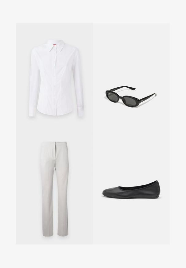 Bijela košulja dugih rukava s izbočenim ovratnikom, prednjim kopčanjem na gumb i prilagođenim krojem. Glatka pamučna tkanina s suptilnim detaljima šivanja.; Svijetlosive, krojene hlače s glatkom teksturom, ravnim krojem i srednjim strukom. Sadrže prednji patentni zatvarač i bočne džepove.; Crne kožne baletanke s zaobljenim vrhom, glatke teksture, minimalnim detaljima šavova i fleksibilnim dizajnom potplata.; Crne sunčane naočale s ovalnim lećama, sjajnim plastičnim okvirom i tankim krakovima. Značajka je Ray-Ban logo u bijeloj boji s strane.