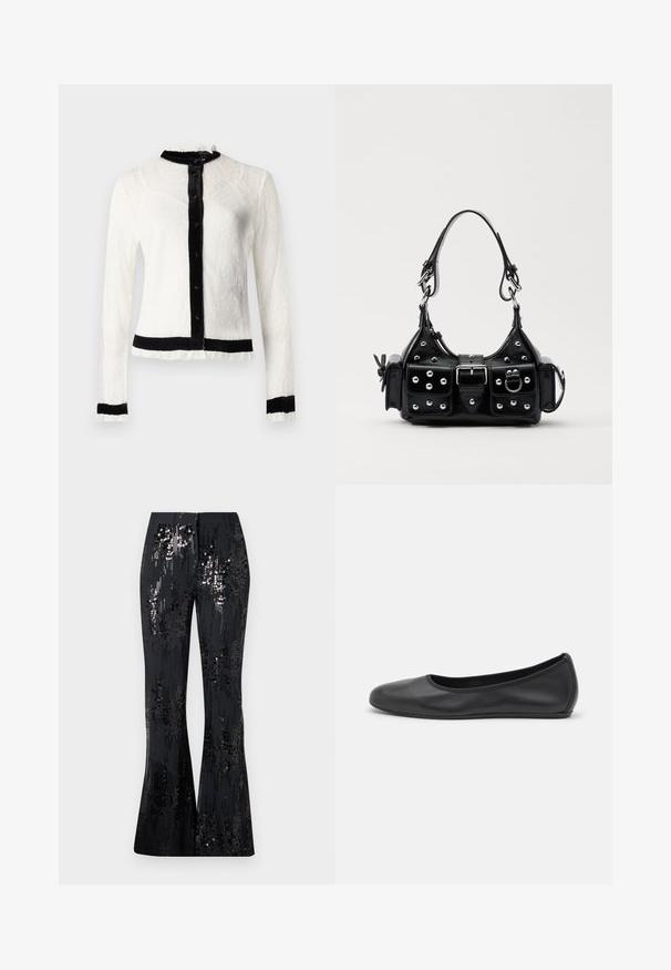 Balta nėriniuota ilgaa rankovė palaidinė su juodu aksominio apykakle ir mygtukų juostele; turi raukšlėtus kraštus ir tvirtą juodą juosmenį.; The Kooples PANTALON SEUL - Kelnės - black; Juodai odiniai baletai su apvaliu pirštu, lygi texture, minimalus siuvimo detales ir lanksčiu padų dizainu.; Juodas odinis rankinukas su kreiviu dizainu, su sidabro spalvos knopkėmis, užsegimu ir dviem šoninėmis kišenėmis. Reguliuojama dirželis nešimui.