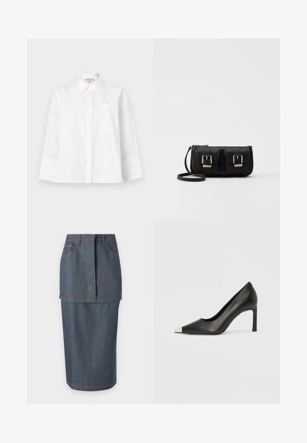 Cămașă albă cu guler ascuțit, realizată din bumbac, cu mâneci lungi, un buzunar pe piept și un design cu o croială lejeră.; Fustă din denim cu o nuanță albastru închis, cu buzunare frontale, talie ajustată și o croială până la genunchi, accentuată de cusături contrastante.; Pantof cu toc înalt din piele neagră, cu vârf ascuțit și un capac metalic argintiu. Are un finisaj neted și un toc subțire de 10 cm.; Geantă neagră din piele, tip crossbody, cu două buzunare frontale, catarame aurii, închidere cu fermoar și o curea subțire. Suprafață texturată și formă rectangulară compactă.