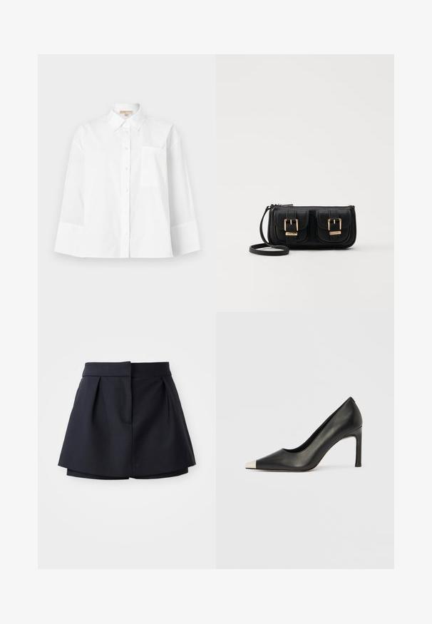 White button-up shirt made of cotton, featuring a pointed collar, long sleeves, a chest pocket, and a loose fit design.; Navy pleated shorts with a high waist, made from smooth fabric. Features a fitted design and hidden front pocket.; Black leather high heel shoe with a pointed toe and a metallic silver cap. Features a smooth finish and a slender 10 cm heel.; Black leather crossbody bag with two front pockets, gold buckles, zipper closure, and a slim strap. Textured surface and compact rectangular shape.