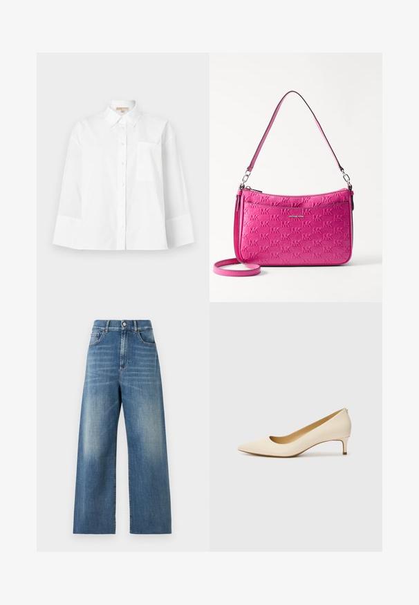 Valkoinen napitettava paita, joka on valmistettu puuvillasta. Paitassa on terävä kaulus, pitkät hihat, rintatasku ja väljä muotoilu.; Korkeavyötäröiset, leveälahkeiset farkut sinisestä denimistä, jossa on kulutettu pinta. Ominaisuuksiin kuuluvat etutaskut ja yksittäinen napin sulku.; Beige korkokenkä, jossa on terävä kärki, valmistettu sileästä synteettisestä materiaalista, matalalla korolla ja liukumalla jalkaan puettava muotoilu, jossa on hienovarainen takayksityiskohta.; Pieni vaaleanpunainen käsilaukku, joka on valmistettu tekstuurista nahkaa. Laukussa on kohokuvioitu logo-design, vetoketjukiinnitys ja säädettävä olkahihna.