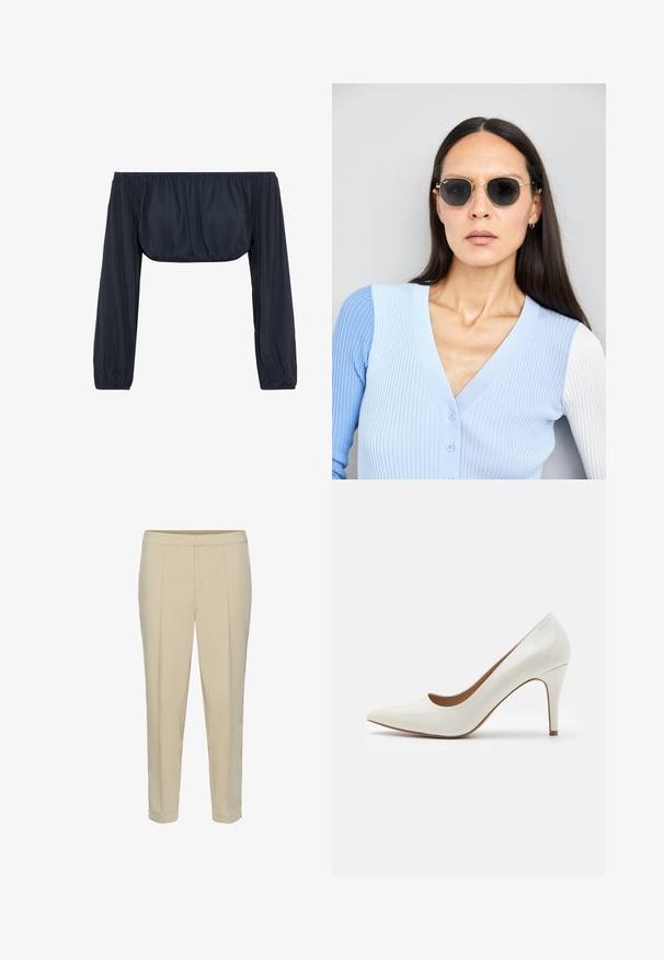 Blouse noire dénudée des épaules avec des manches longues froncées et un corsage cintré, fabriquée en tissu léger avec une texture lisse.; Pantalons beiges ajustés avec une jambe droite, des plis sur le devant et un ourlet à revers. Texture lisse sans éléments visibles ni motifs.; Chaussure à talon haut en cuir verni blanc avec un bout pointu et une surface lisse, dotée d'un talon fin et d'une découpe basse autour de l'ouverture.; Lunettes de soleil rondes avec verres sombres et monture en or. Le modèle porte un cardigan à côtes bleu clair avec des boutons et des manches blanches contrastantes.; Porte-monnaie Michael Kors en toile enduite beige avec un motif répété de logo MK, des accessoires en or et une bandoulière en chaîne amovible.