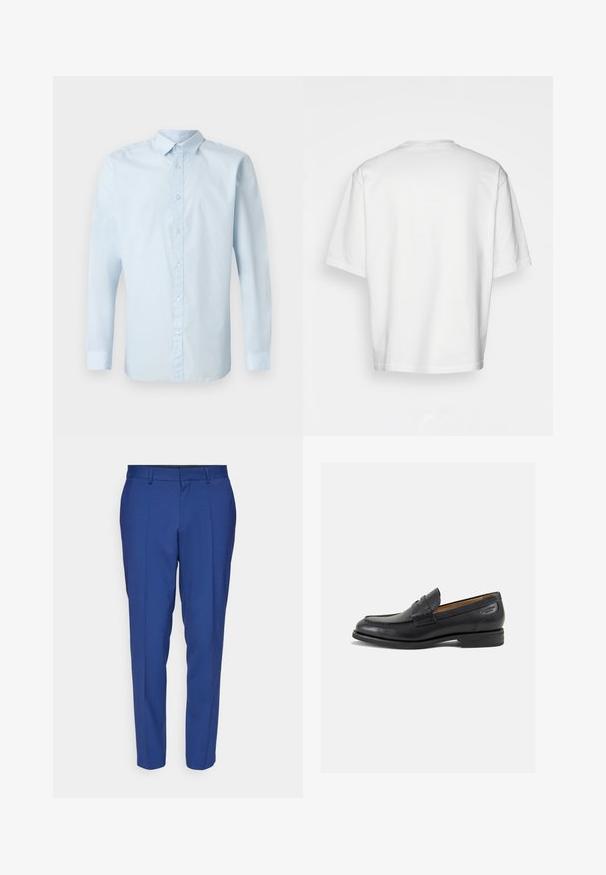 Camisa de manga comprida azul-claro feita de tecido suave, com frente abotoada, colarinho padrão e punhos abotoados.; Camiseta branca de manga curta, de corte solto, com gola redonda, tecido de algodão liso, costas sem adornos, barra reta, sem padrões ou detalhes.; Calças ajustadas azuis feitas de um tecido suave, com frente lisa, dois bolsos laterais e um design de perna afunilada.; Mocassins pretos de pele com um acabamento suave, bico redondo e costura decorativa no a parte superior. Salto baixo e empilhado com um ligeiro brilho.